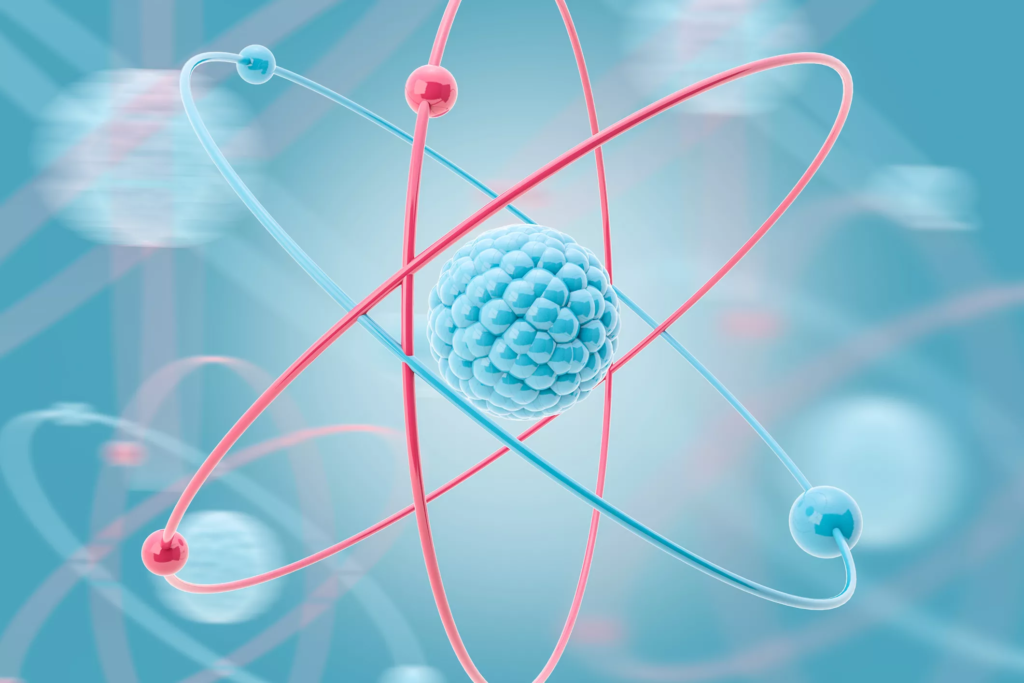 Modelo de átomo azul y rosa.